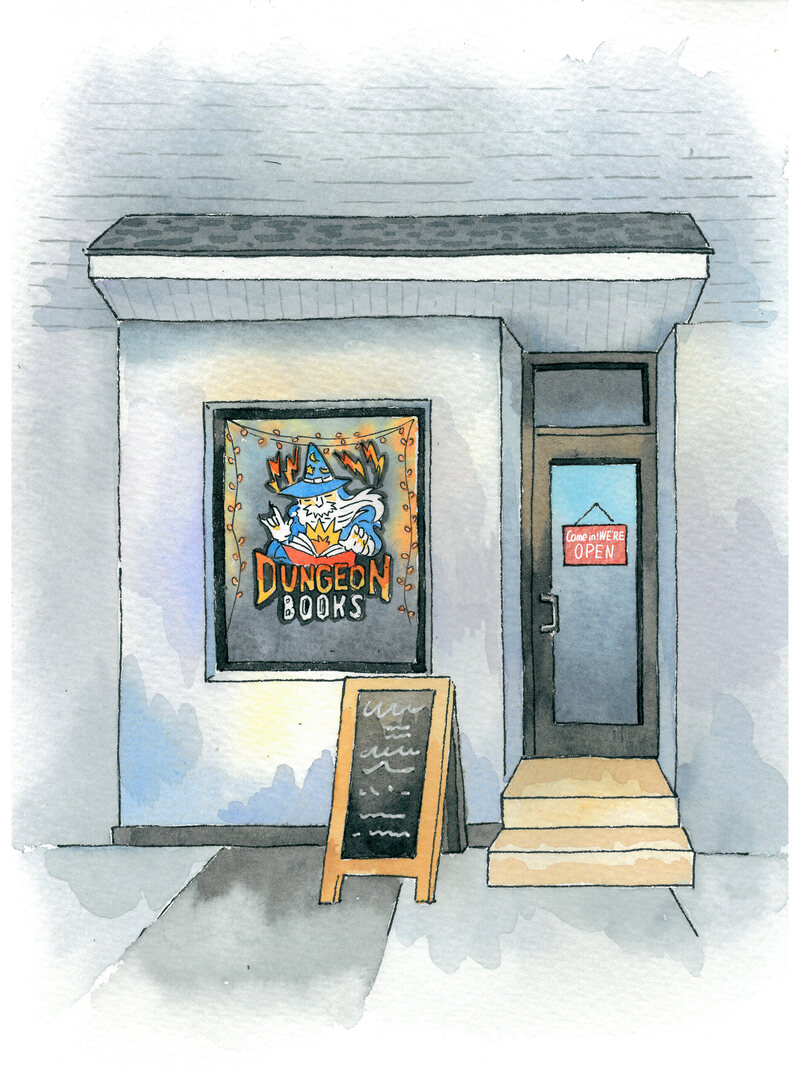 Watercolor painting of the Dungeon Books storefront: a wizard-and-book sign in the window, an A-frame chalkboard on the sidewalk, and a 'Come in, we're open' sign on the door